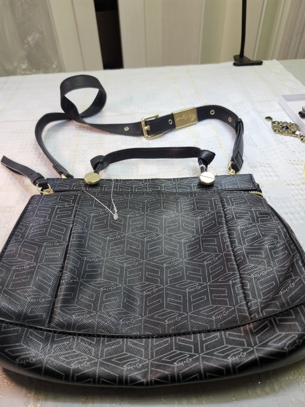 FOLEY corina Black Patterned Shoulder Bag with Gold Accents
